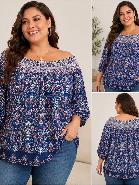 Alyx Tops - Alyx Women’s 1X Boho Peasant Blouse Blue Red Paisley Smocked Off‎ Shoulder NWT